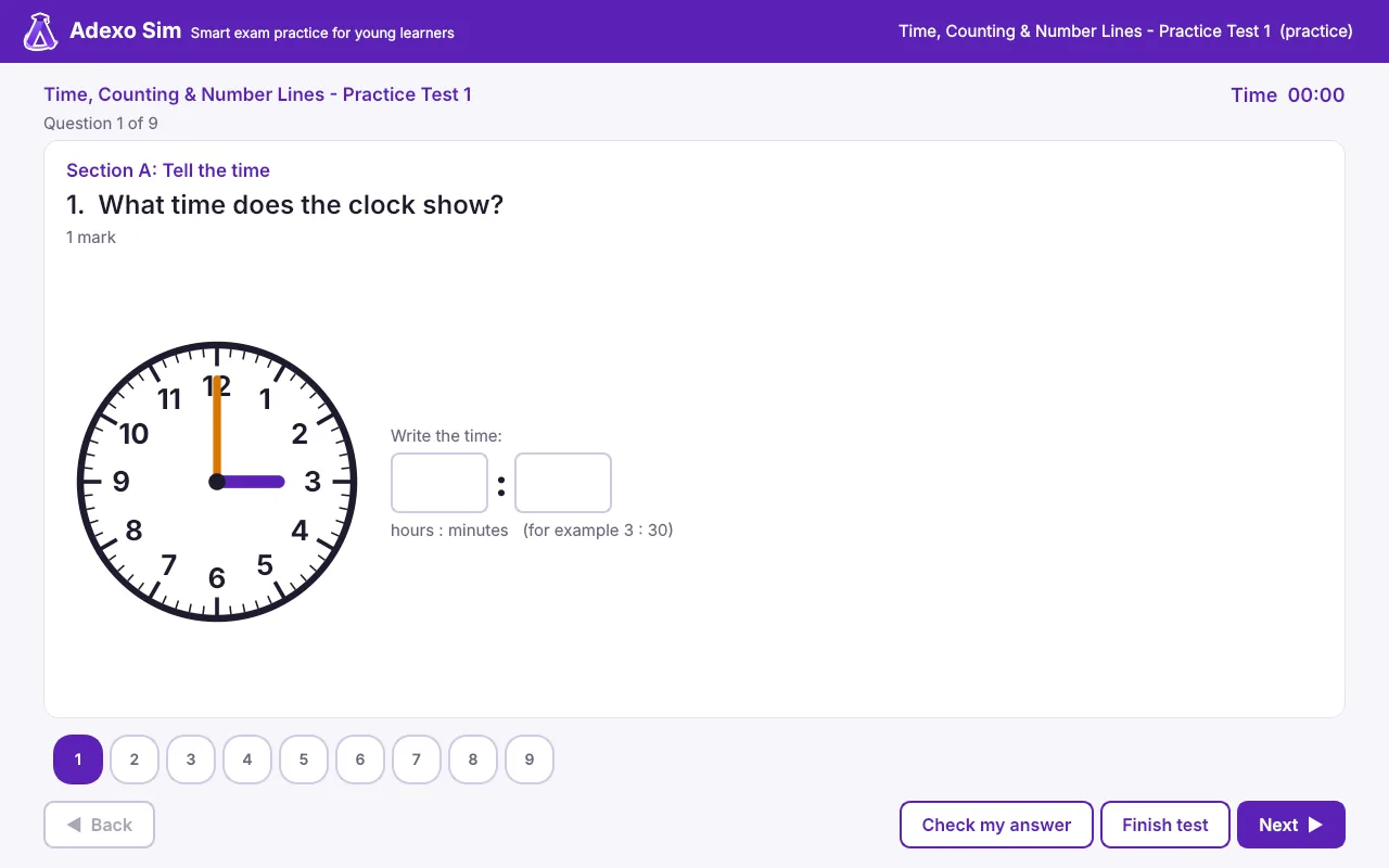 A child's test in Adexo Sim: read the clock and write the time