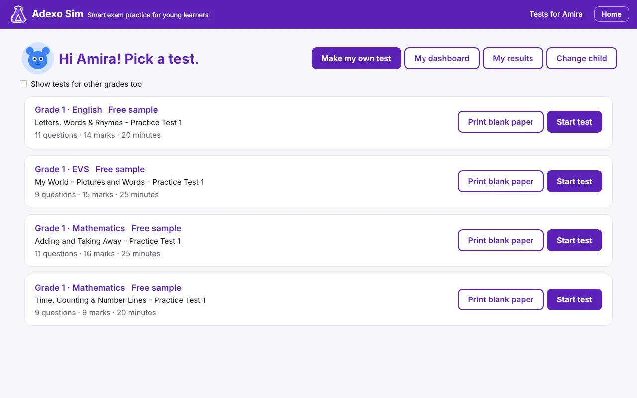 A child's list of tests in Adexo Sim